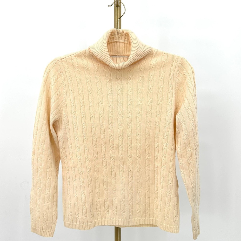 VTG Fine Cable Knit‎ Turtleneck Sweater Small Butter Yellow Italian Merino Wool